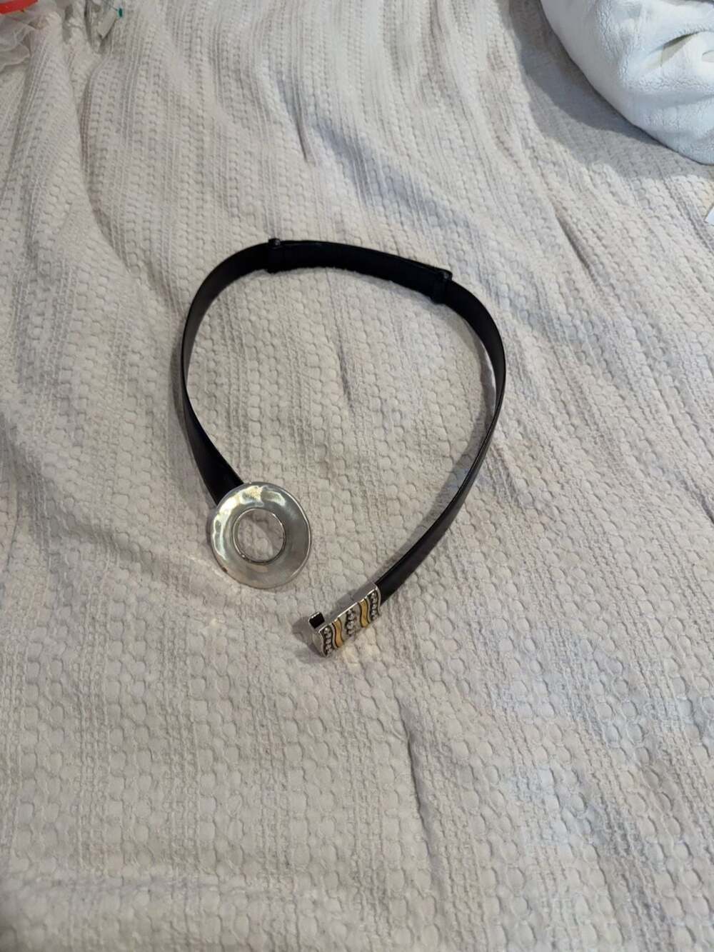 Chico's Small Black Split Leather Belt with Silver Tone Circle Buckle